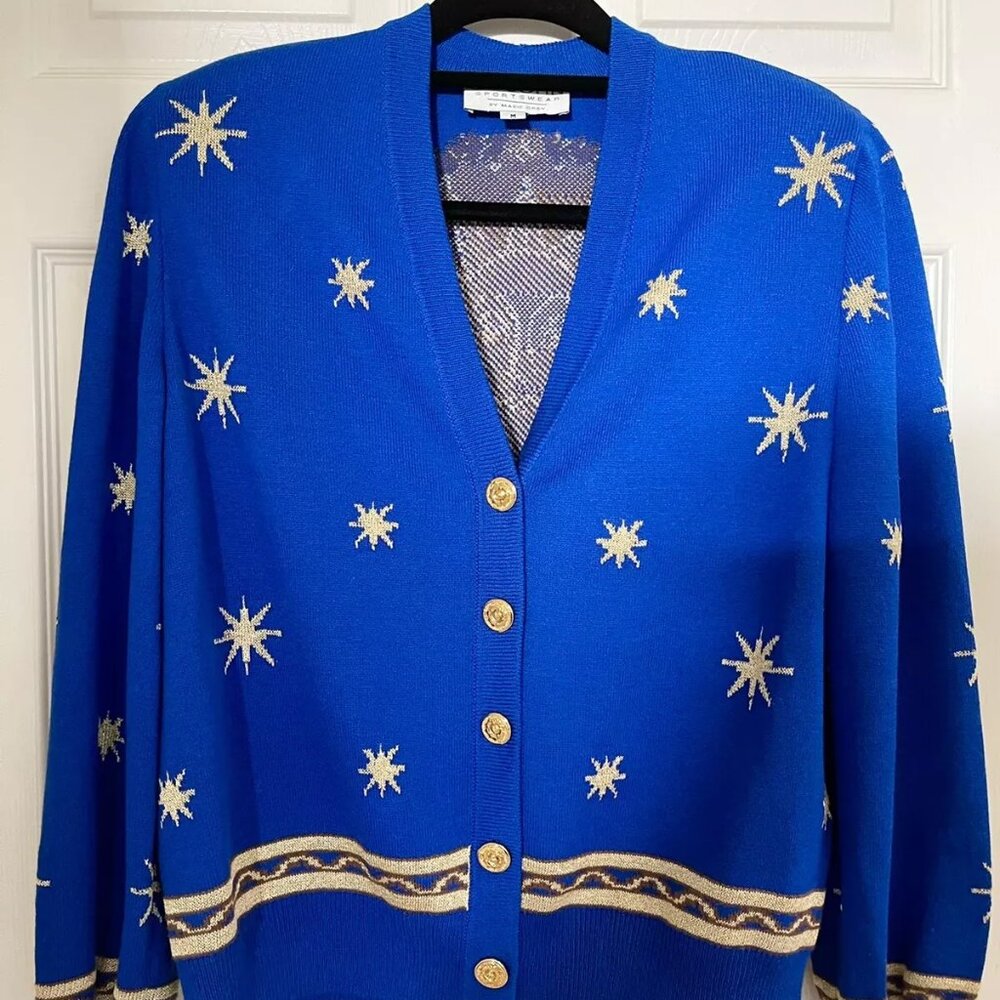 St. John Santana Knit Royal Blue Gold Embroidered Sweater Blazer Cardigan Sz M